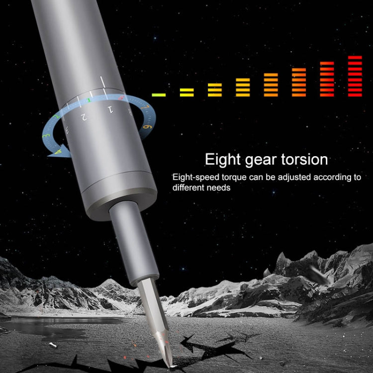 Cordless electric screwdriver with eight-gear torque selector and tip for screws