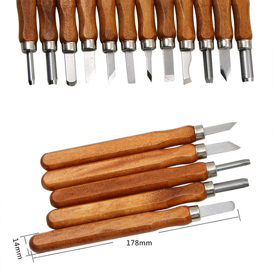 Wood carving chisel knives with wooden handles and steel cutting blades, assorted tips.
