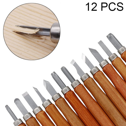 Wood carving chisel knife with wooden handle and steel blade tip, close-up.