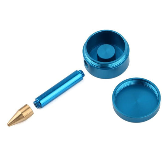 Blue pen-style welding tool with copper wire spool and round container caps