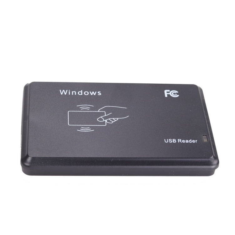 Black USB RFID card reader, rectangular case with Windows and FC markings