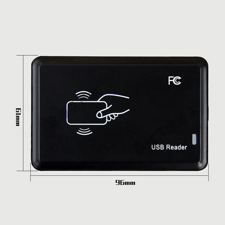 Black USB RFID card reader, front view with size shown as 95mm