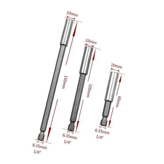 Three steel magnetic drill extension rods with 1/4-inch shank tips shown