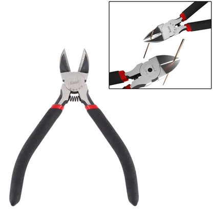 Diagonal cutting pliers with black non-slip handles and red grips, pointed cutters