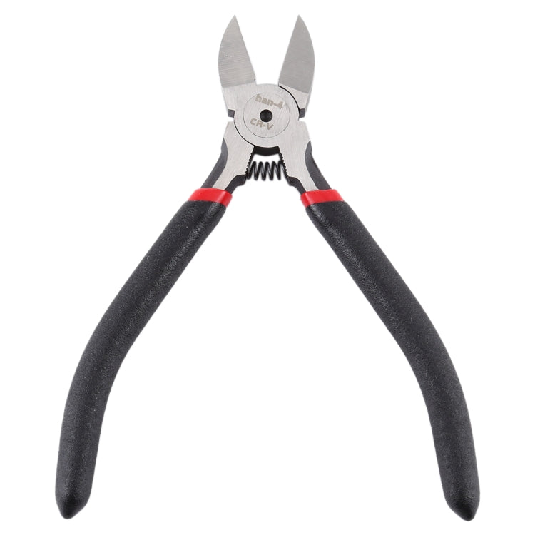Diagonal cutting pliers with black handles and red rings, spring-loaded cutter head