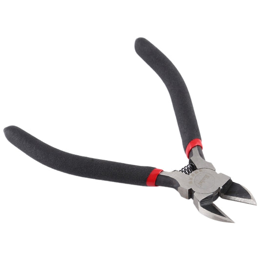 Diagonal cutters with black handles and red accents, angled cutting jaws