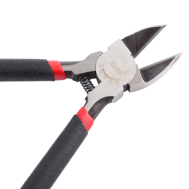 Close-up of diagonal cutter head with spring and angled jaws, red handle accents
