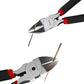 Diagonal cutters holding copper wire, black handles with red grips and angled jaws