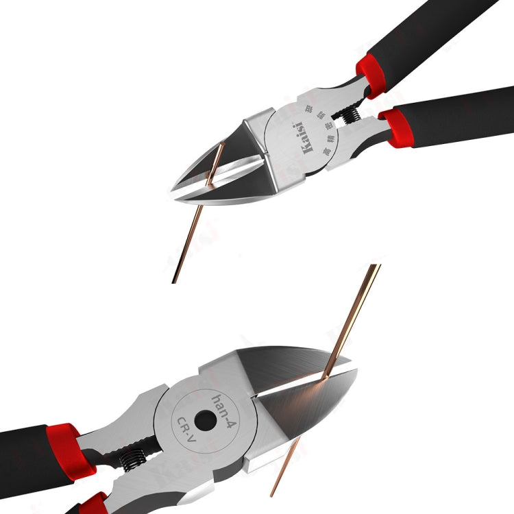 Diagonal cutters holding copper wire, black handles with red grips and angled jaws