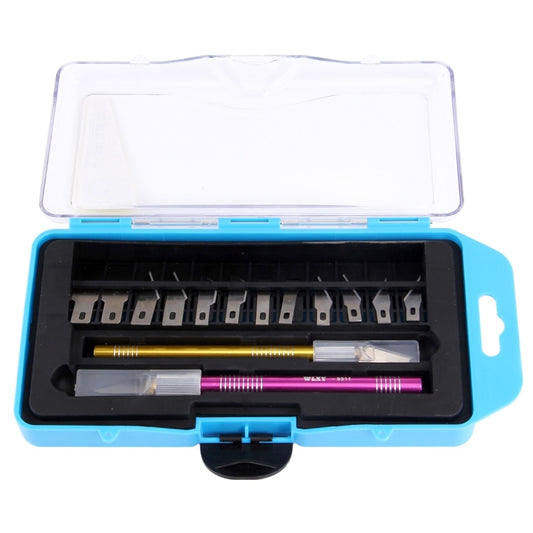 Carving knife kit in blue case with gold and purple handles and interchangeable tips