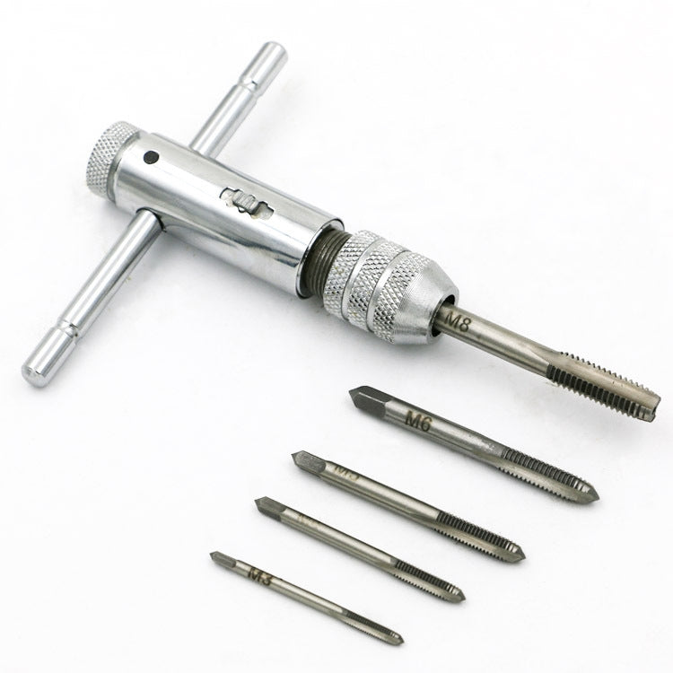 Adjustable ratchet tap wrench with handle and assorted M3–M8 tapping bits