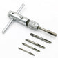 Adjustable ratchet tap wrench with 4 M3–M8 taps and ratcheting handle