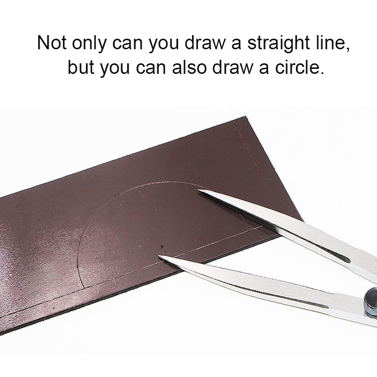 Head spacing compass scribing lines on brown leather with two pointed tips