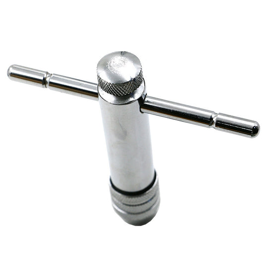 Adjustable ratchet wrench handle with knurled end cap and crossbar, silver metal