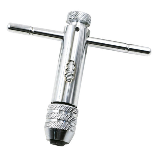 Adjustable ratchet tap wrench with knurled grip and reversible T-handle, metal finish