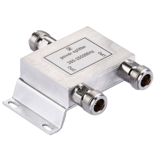 RF 2-way power splitter adapter with female coax connectors, brushed metal case