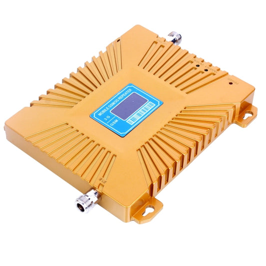 GSM/WCDMA signal repeater with blue LCD panel, gold metal casing, RF antenna ports