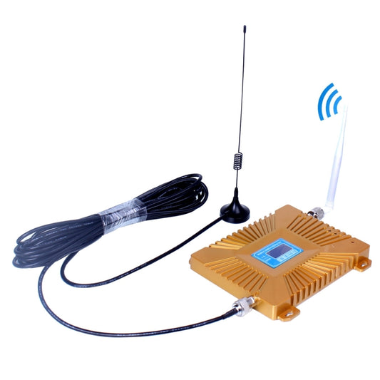 Orange cell signal repeater with blue LCD, suction antenna, and cable bundle
