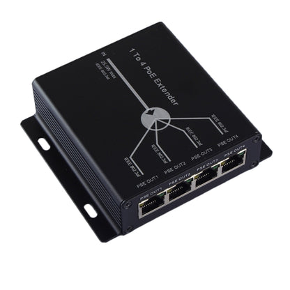 Black 4-port PoE extender box with four RJ45 PoE output ports and input port