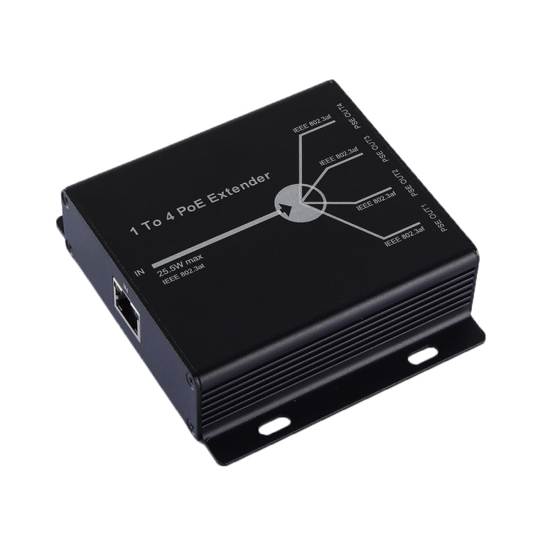 Black metal 4-port PoE extender with input and four RJ45 output ports