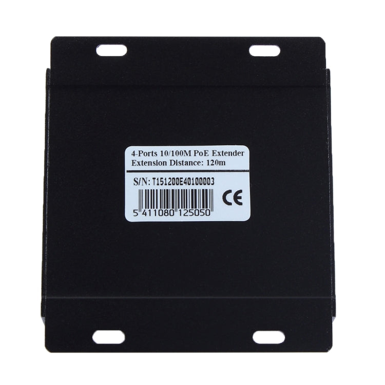 Black 4-port PoE extender with label showing 10/100M PoE and 120m extension distance