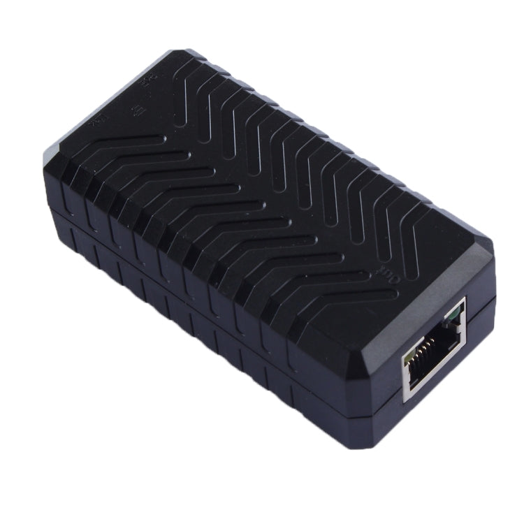 PoE IP camera extender, black housing with RJ45 Ethernet port on the side