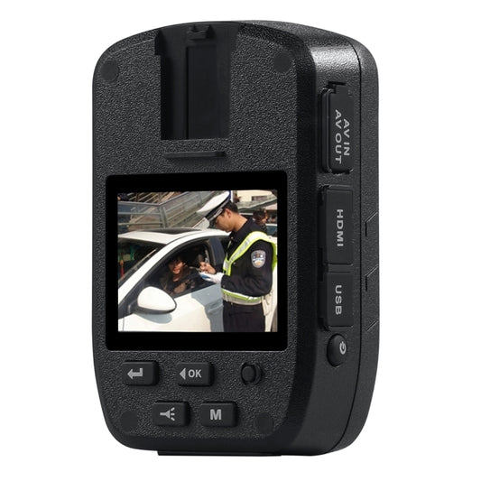Body-worn mini DVR front with LCD display and camera, black textured finish