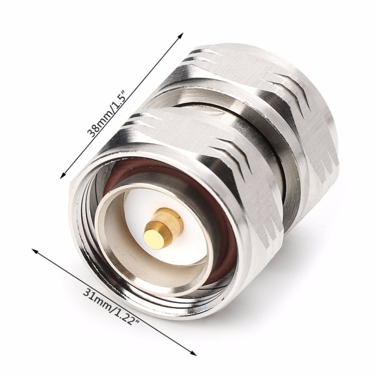 Silver 7/16 DIN male RF coax adapter, gold center contact; length marked 38mm/31mm