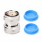 Silver RF coax adapter with two blue protective caps; exposed male center pin