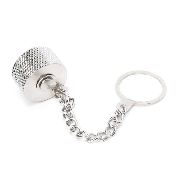 Threaded RF connector dust cap keychain with side view and metal chain