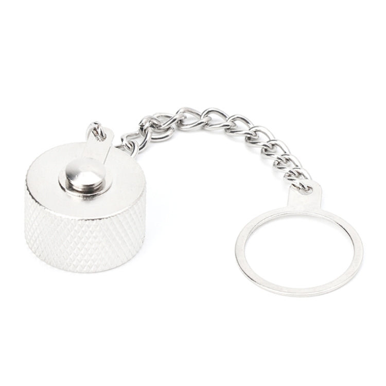 RF connector dust cap keychain with round cap, key ring, and silver chain