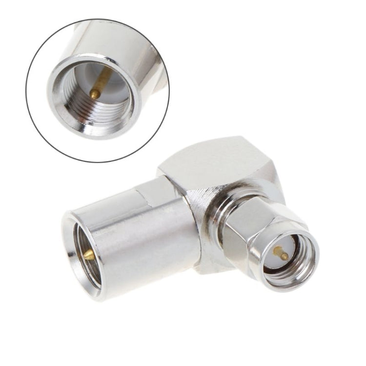 Right-angle SMA male to FME RF adapter, chrome metal connector with threaded ends