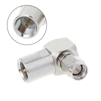 Right-angle SMA male to FME RF adapter, chrome metal connector with threaded ends