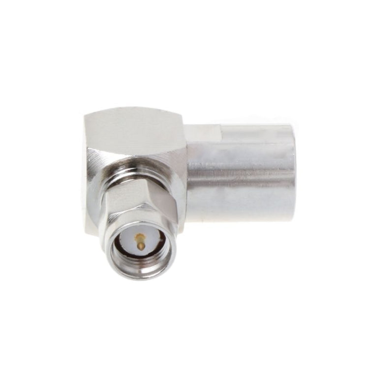 Right-angle RF adapter with SMA male threaded port and FME female threaded port