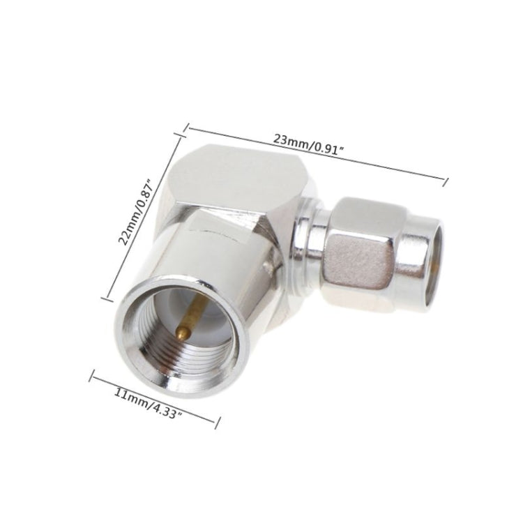 Right-angle coax adapter with side view and key dimensions on metal RF connectors