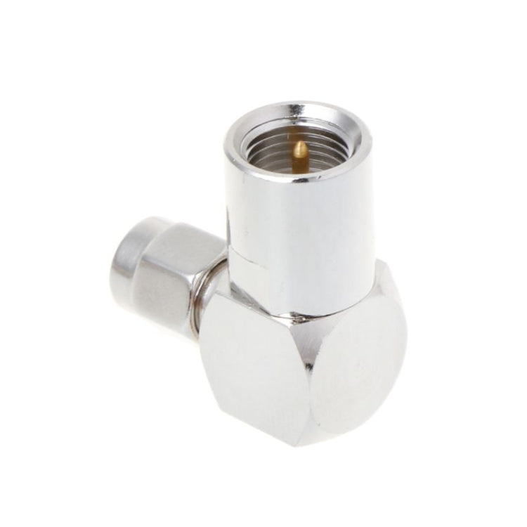 Right-angle SMA to FME RF adapter, two chrome threaded ends with inner center pin