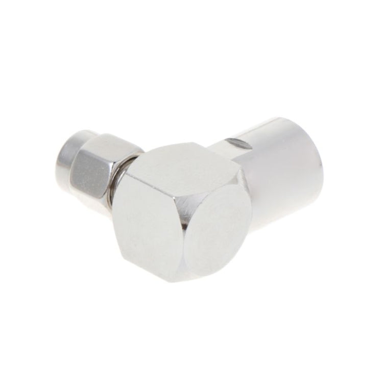 Right-angle RF coax adapter, chrome hex body with dual threaded connector ends