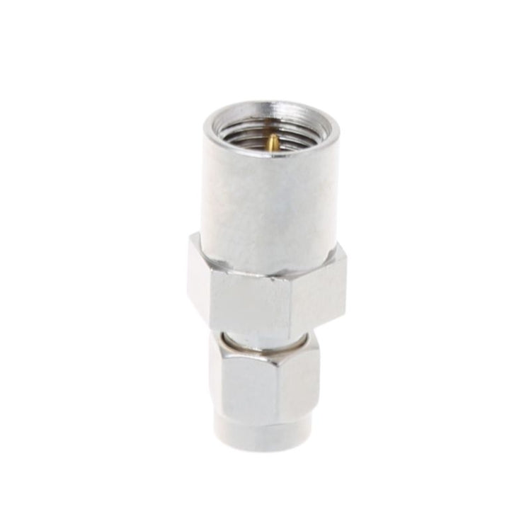 Silver RF coaxial adapter with internal threaded socket and center pin