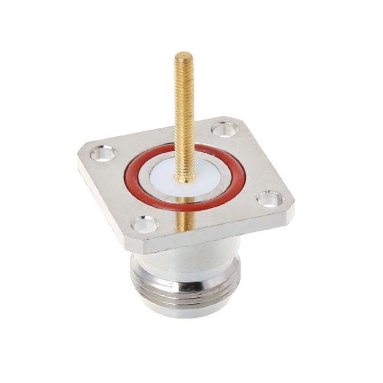 Brass RF female connector with four-hole flange and threaded mounting pin