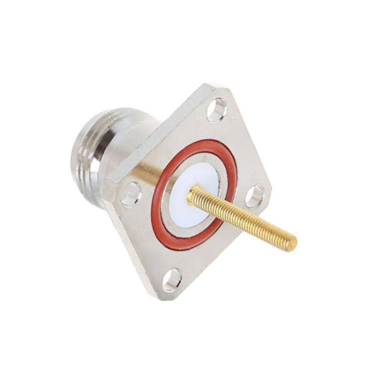 RF female connector flange with red seal ring, gold center pin, and threaded end
