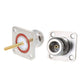 RF female adapter with metal flange and circular connector socket with gold contact