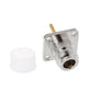 RF female adapter with threaded metal body and white plastic dust cap
