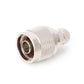 Silver RF coaxial adapter, male plug end with visible center contact and threads