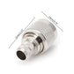 Silver RF coaxial adapter with threaded coupling rings and textured metal body