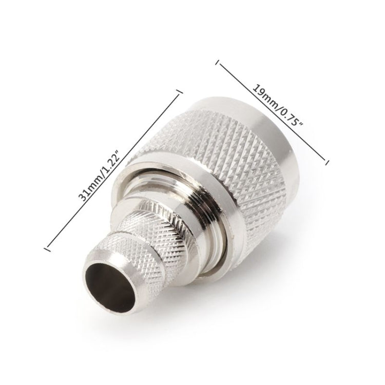 Silver RF coaxial adapter with threaded coupling rings and textured metal body