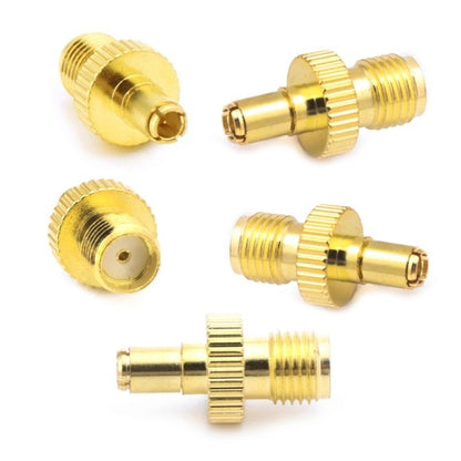 Set of gold SMA female to TS9 male coax adapter connectors, multiple views