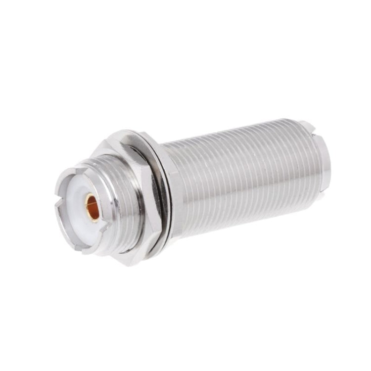 UHF female-to-female connector adapter, silver body with threaded ends and gold center pin