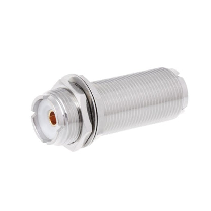 UHF female-to-female connector adapter, silver body with threaded ends and gold center pin