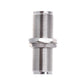 UHF female-to-female connector adapter, side view of two silver threaded connectors