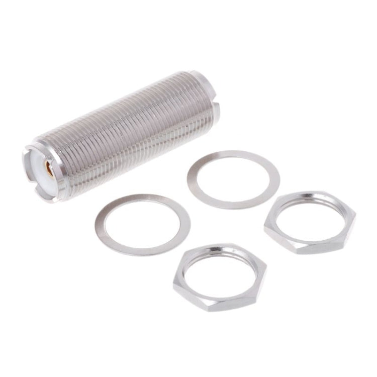 UHF female-to-female connector adapter with included metal nuts and silver extension body